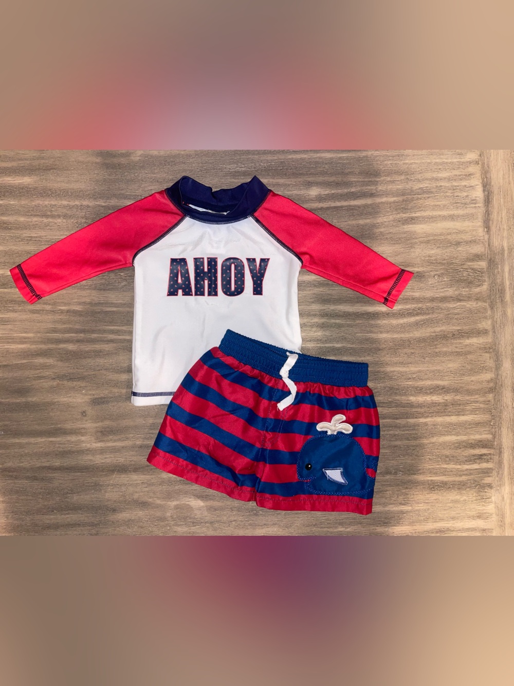 Baby Aspen Red & Blue 'Ahoy' Rash Guard Set with Whale Swim Shorts